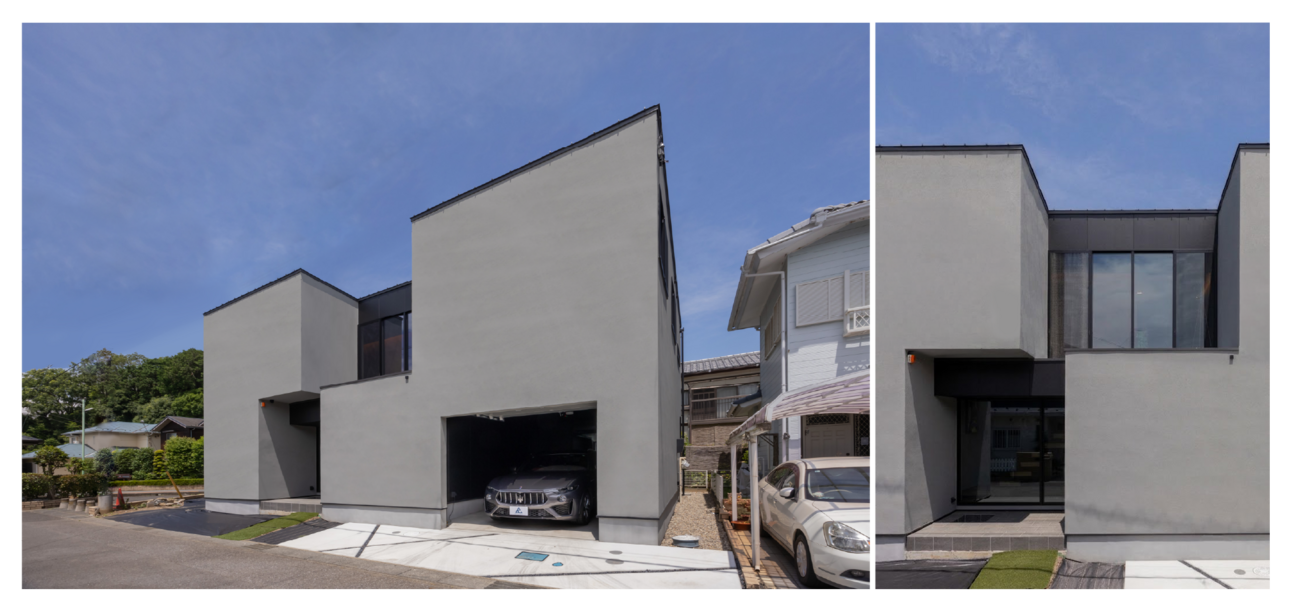 ガレージを組み込んだグレーの箱型フォルム。窓と軒の高さを揃えた水平ラインが美しいモダンデザインの外観