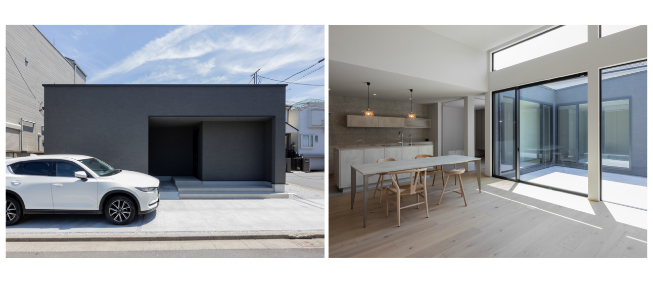 黒い塗り壁のBOX型デザインが印象的な外観。テラスをコの字で囲み、平屋とは思えない圧倒的な開放感が魅力