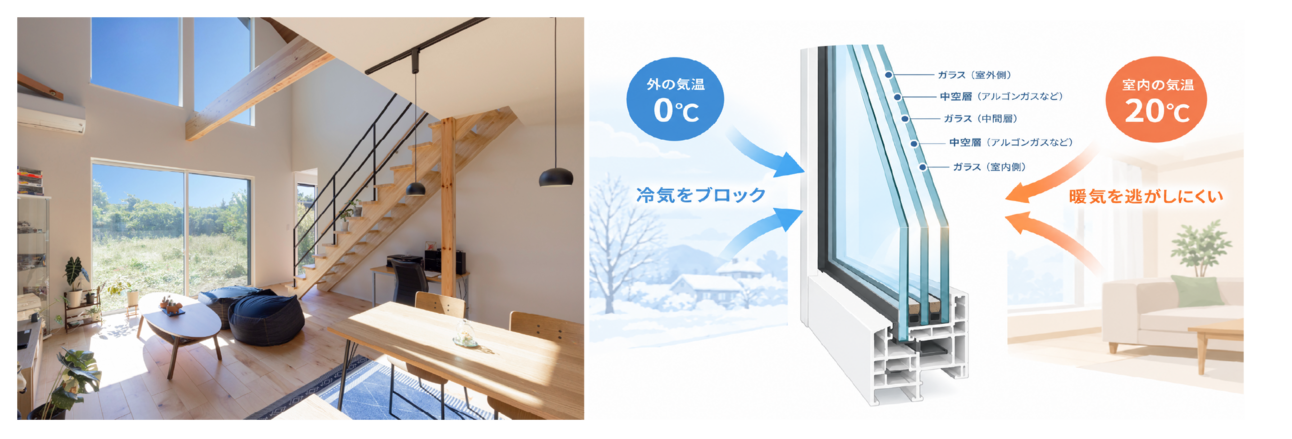 【左：トリプルガラスを採用し実現した明るいLDK　右：イメージ画像】