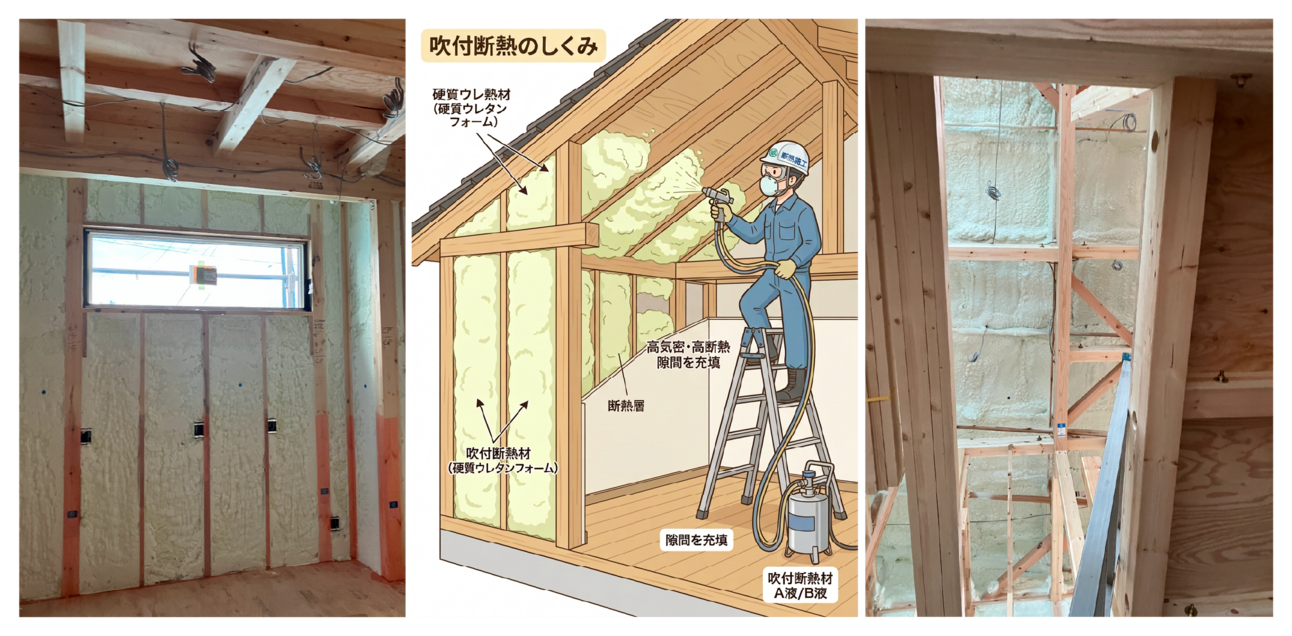 【左：壁の吹き付け断熱　中央：イメージ画像　右：屋根の吹き付け断熱】